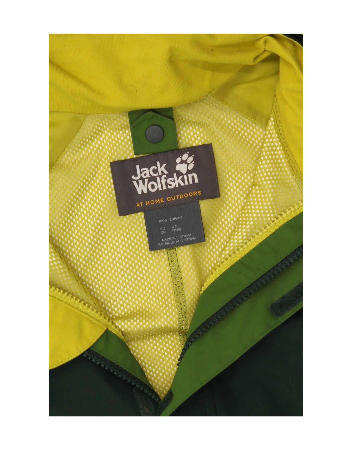 JACK WOLFSKIN Boys Hooded Rain Jacket 15-16 Years Green Colourblock Vintage Jack Wolfskin and Second-Hand Jack Wolfskin from Messina Hembry