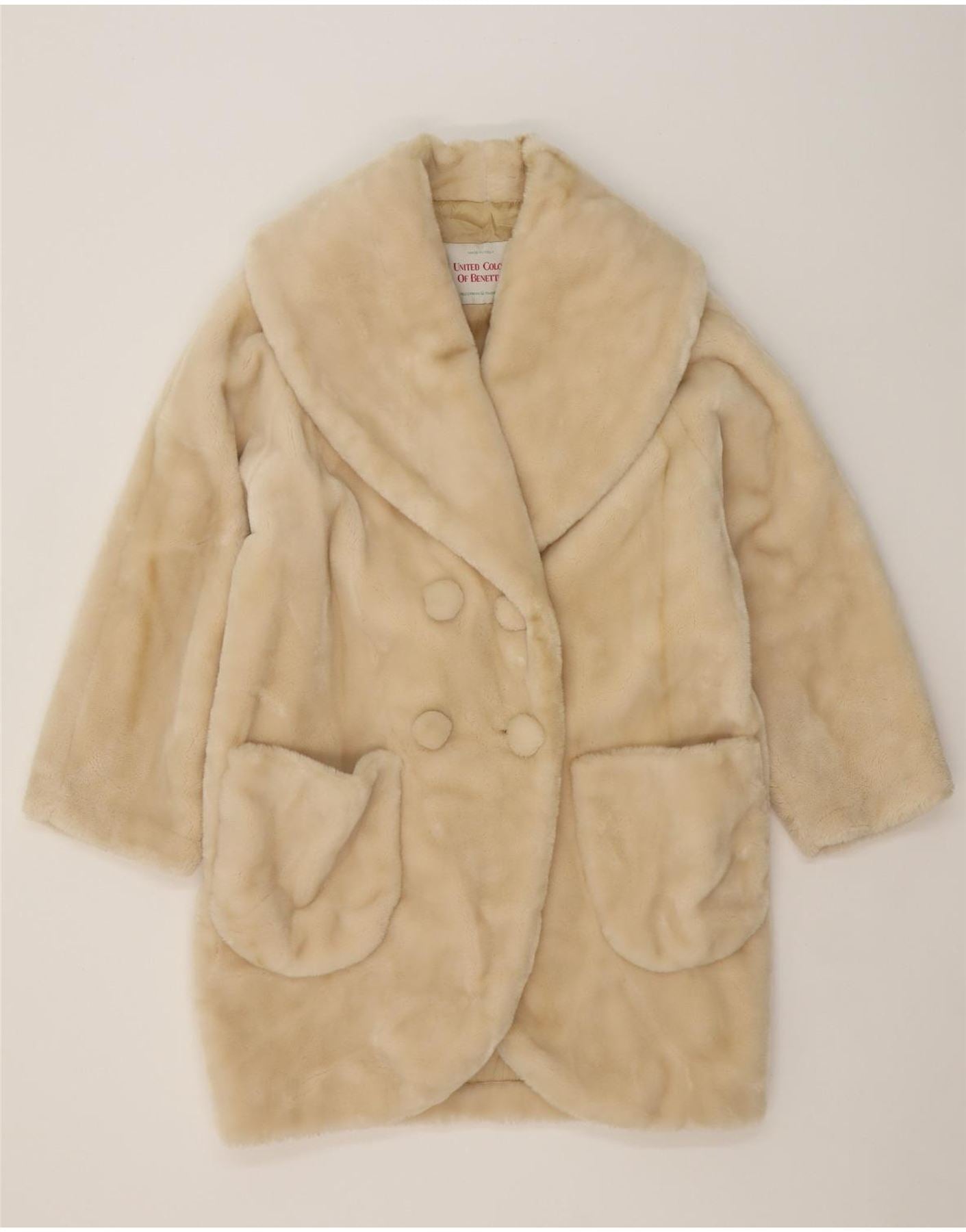 BENETTON Womens 3/4 Sleeve Faux Fur Overcoat IT 42 Medium Beige Acrylic Vintage Benetton and Second-Hand Benetton from Messina Hembry