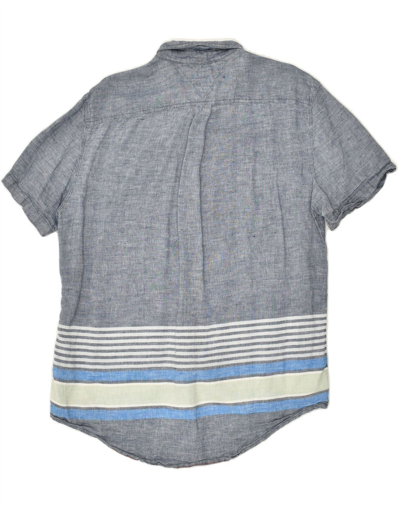 TOMMY HILFIGER Mens Custom Fit Short Sleeve Shirt Large Blue Striped Linen | Vintage Tommy Hilfiger | Thrift | Second-Hand Tommy Hilfiger | Used Clothing | Messina Hembry 