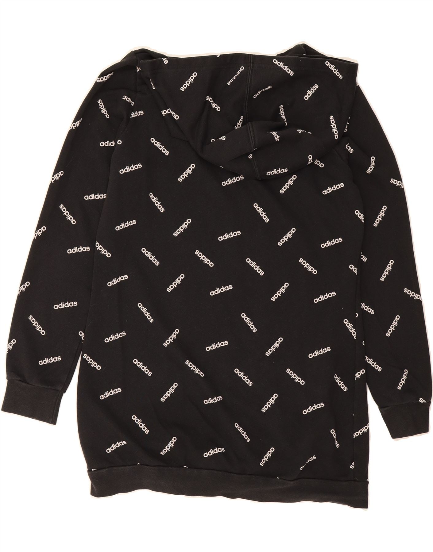 ADIDAS Womens Longline Graphic Hoodie Jumper UK 12/14 Medium Black Cotton Vintage Adidas and Second-Hand Adidas from Messina Hembry