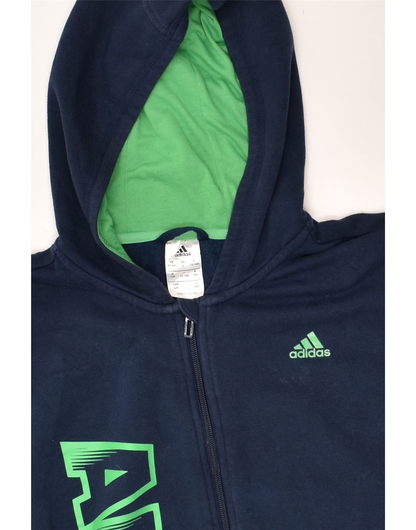 ADIDAS Boys Graphic Zip Hoodie Sweater 13-14 Years Navy Blue Cotton | Vintage Adidas | Thrift | Second-Hand Adidas | Used Clothing | Messina Hembry