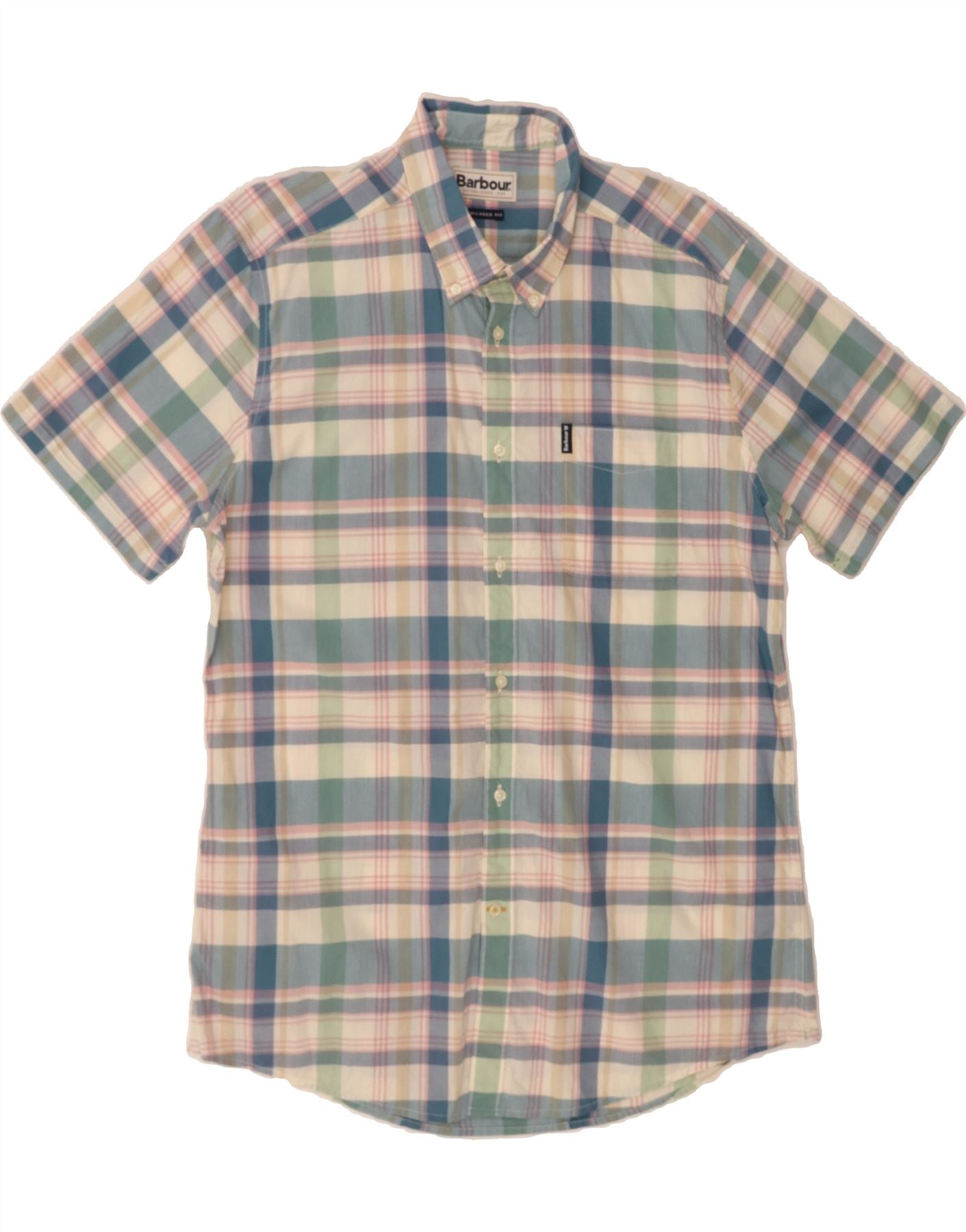 BARBOUR Mens Tailored Fit Short Sleeve Shirt Large Blue Check Cotton Vintage Barbour and Second-Hand Barbour from Messina Hembry