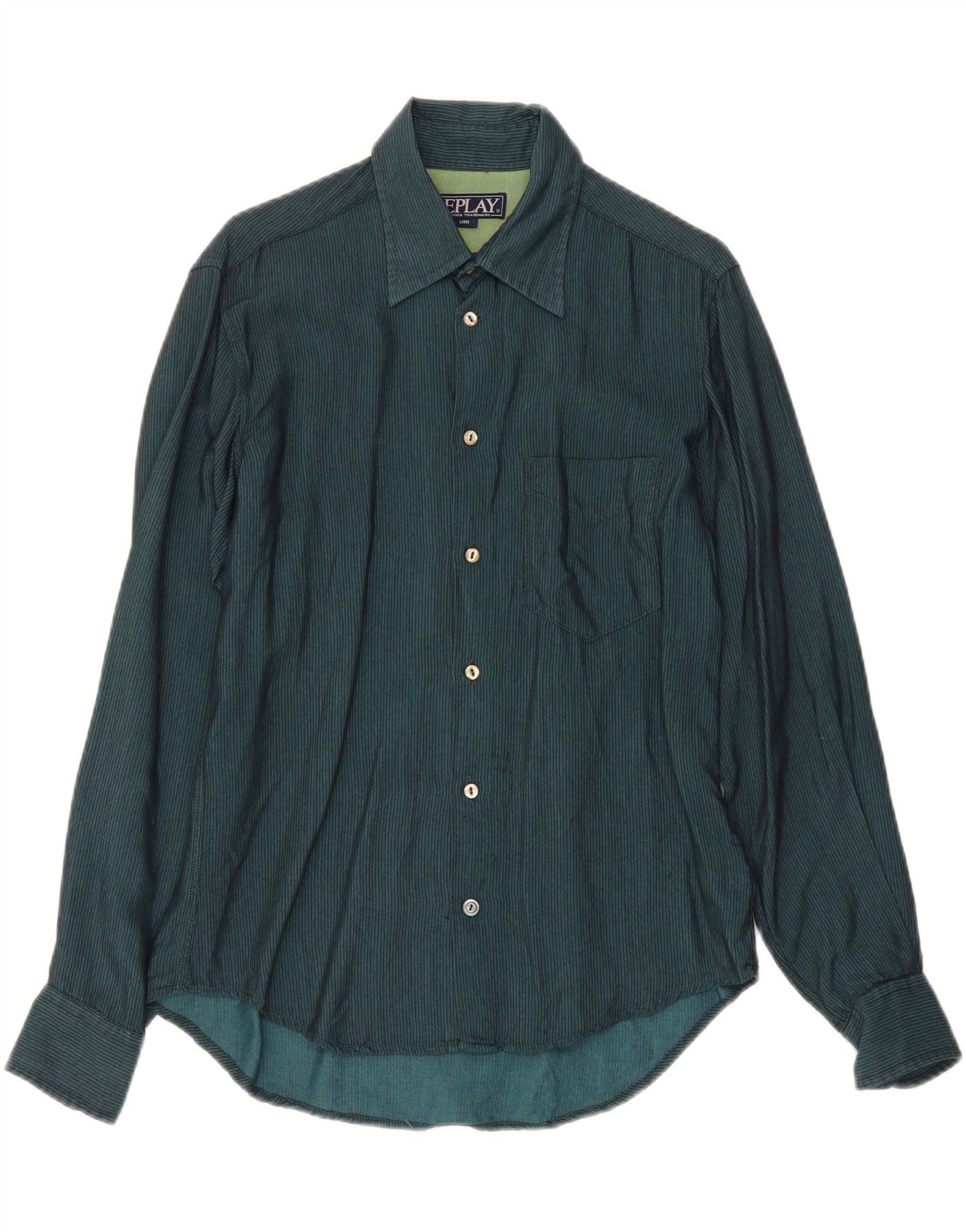 REPLAY Mens Shirt Large Green Pinstripe Viscose Vintage Replay and Second-Hand Replay from Messina Hembry