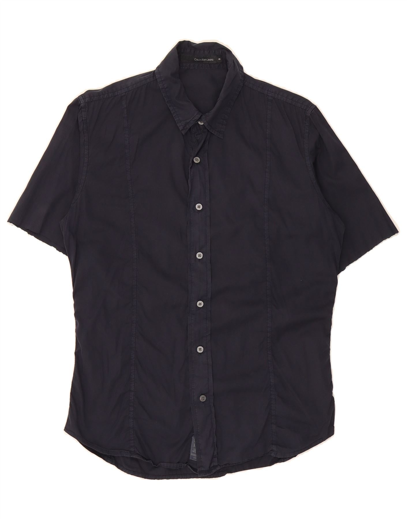 CALVIN KLEIN Mens Graphic Short Sleeve Shirt Small Navy Blue Cotton Vintage Calvin Klein and Second-Hand Calvin Klein from Messina Hembry