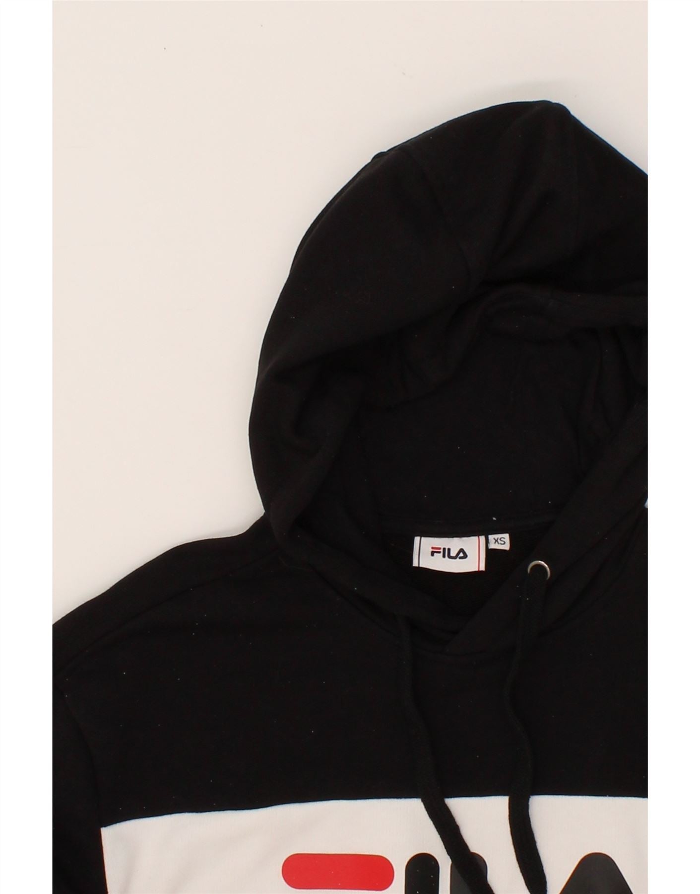 FILA Womens Oversized Graphic Hoodie Jumper UK 6 XS Black Colourblock Vintage Fila and Second-Hand Fila from Messina Hembry