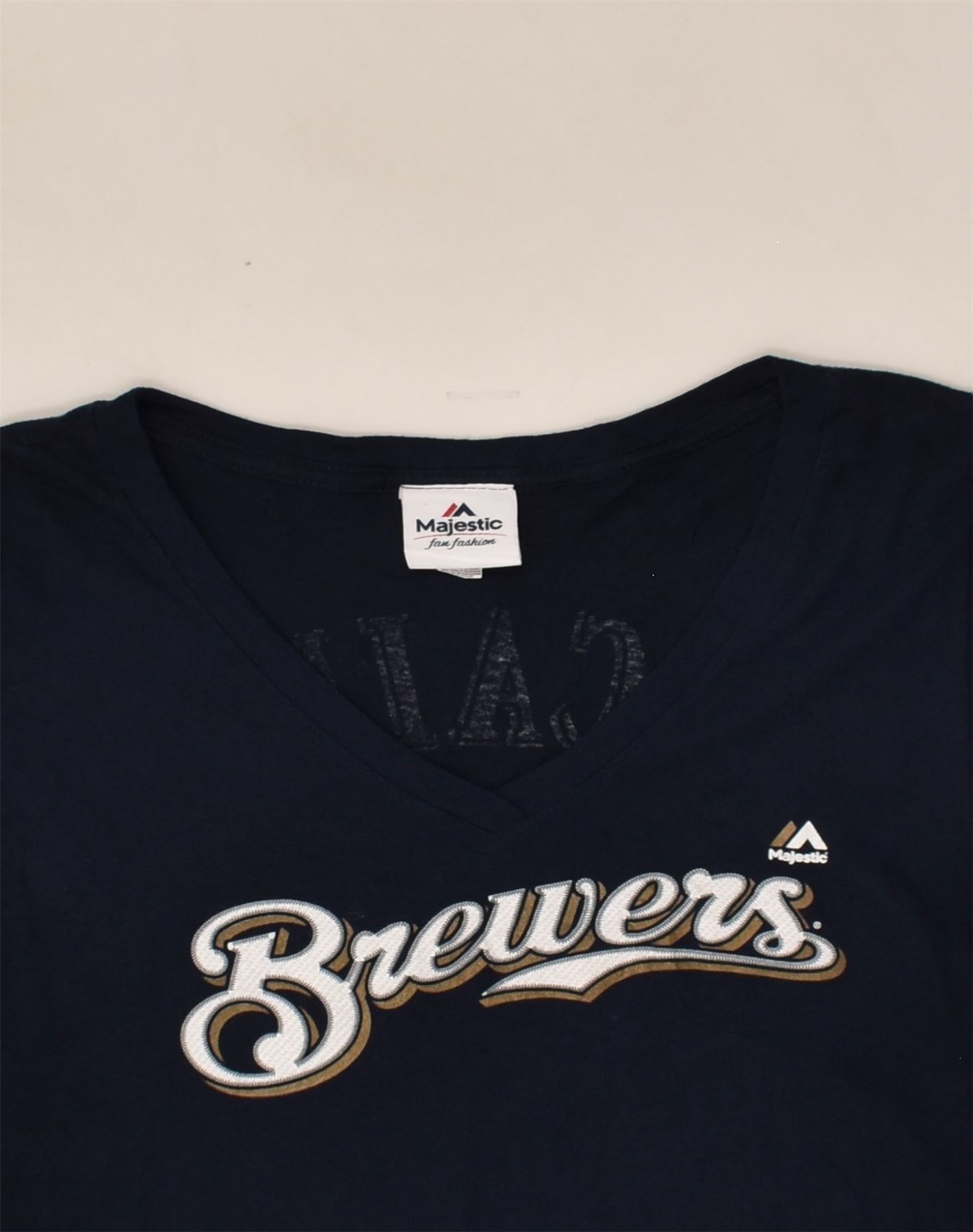 MAJESTIC Womens Graphic T-Shirt Top UK 12 Medium Navy Blue Cotton | Vintage Majestic | Thrift | Second-Hand Majestic | Used Clothing | Messina Hembry