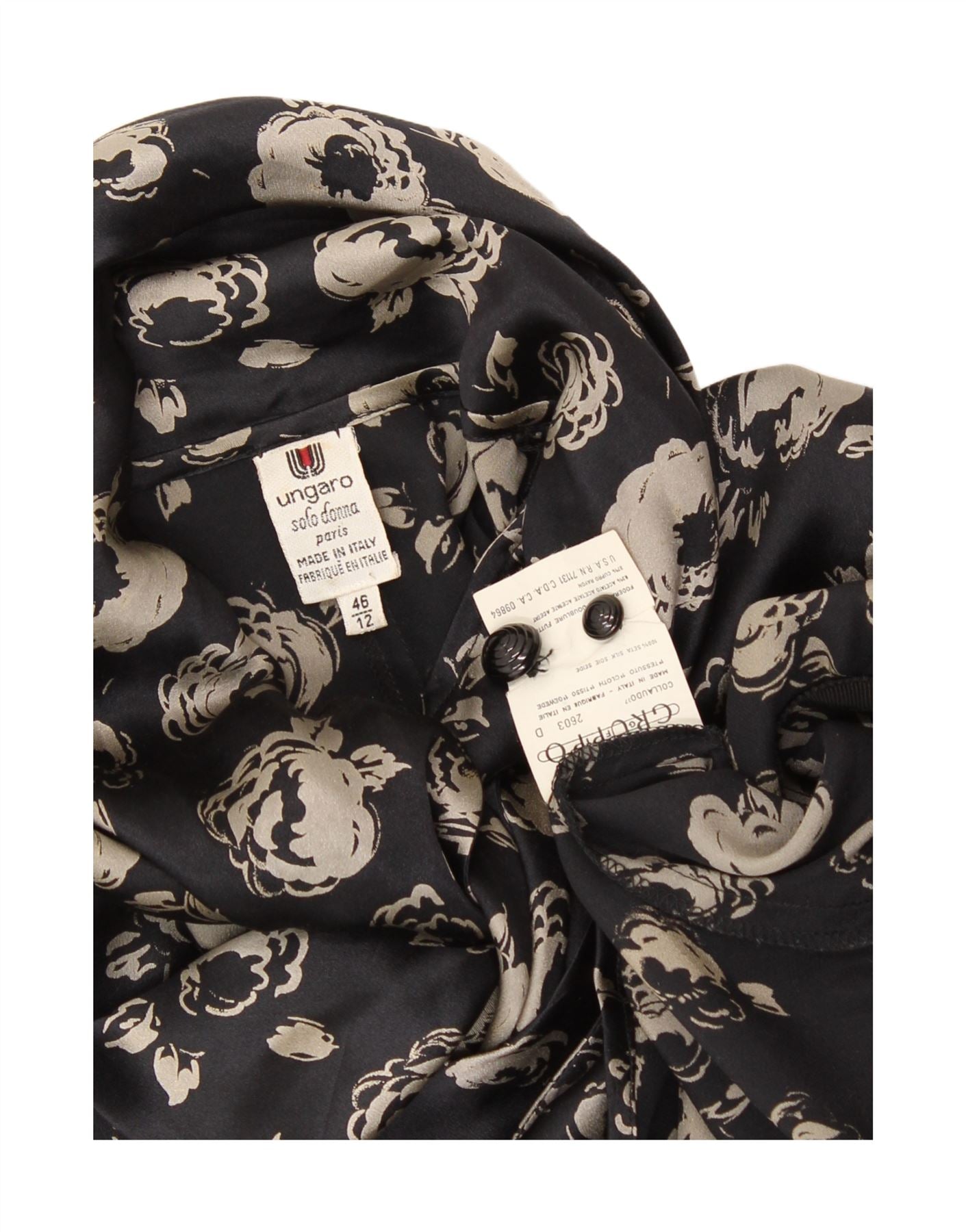 UNGARO SOLO DONNA Womens Crop Shirt Blouse UK 12 Medium Black Floral Vintage Ungaro Solo Donna and Second-Hand Ungaro Solo Donna from Messina Hembry