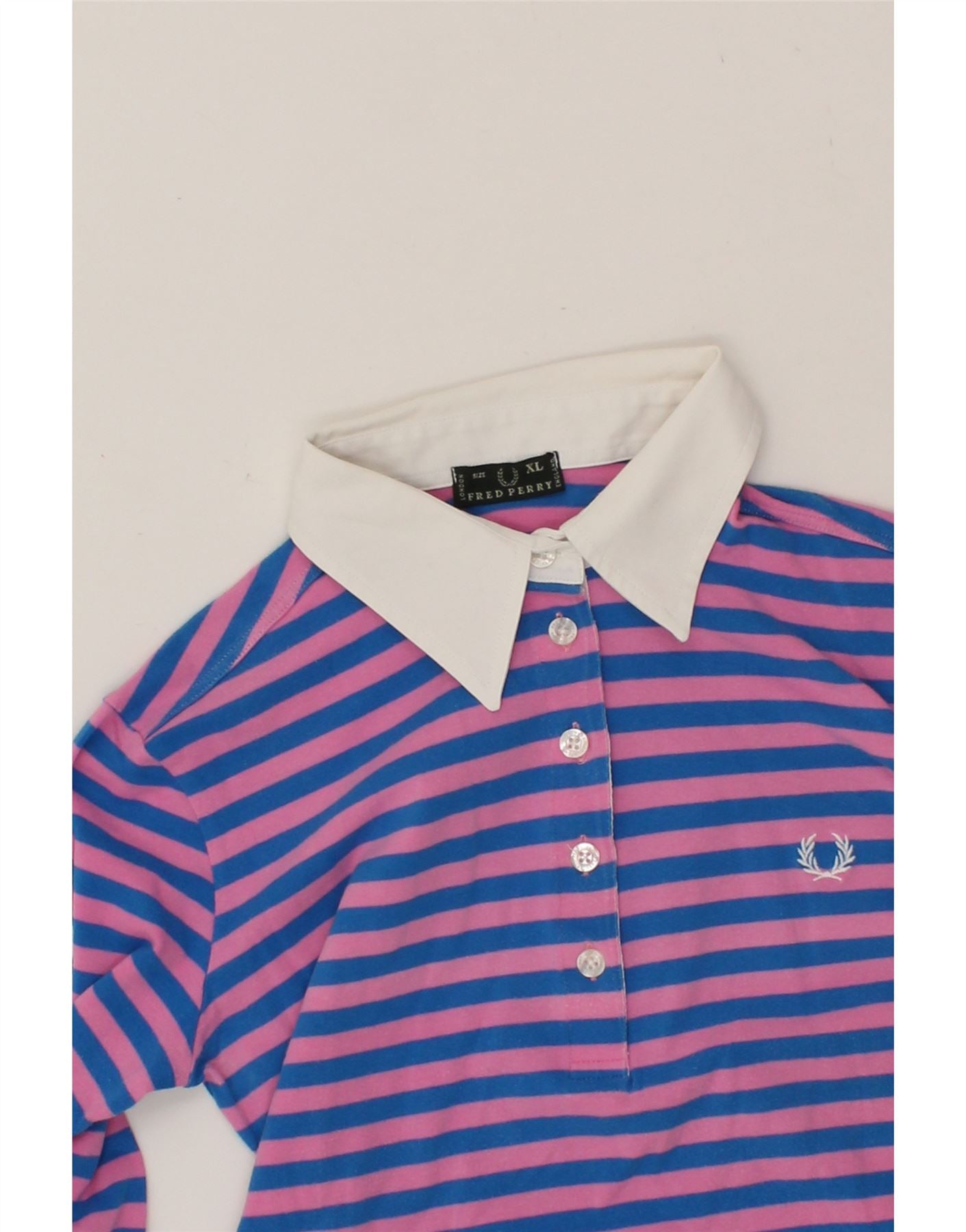 FRED PERRY Girls 3/4 Sleeve Polo Shirt 10-11 Years XL Blue Striped Cotton Vintage Fred Perry and Second-Hand Fred Perry from Messina Hembry