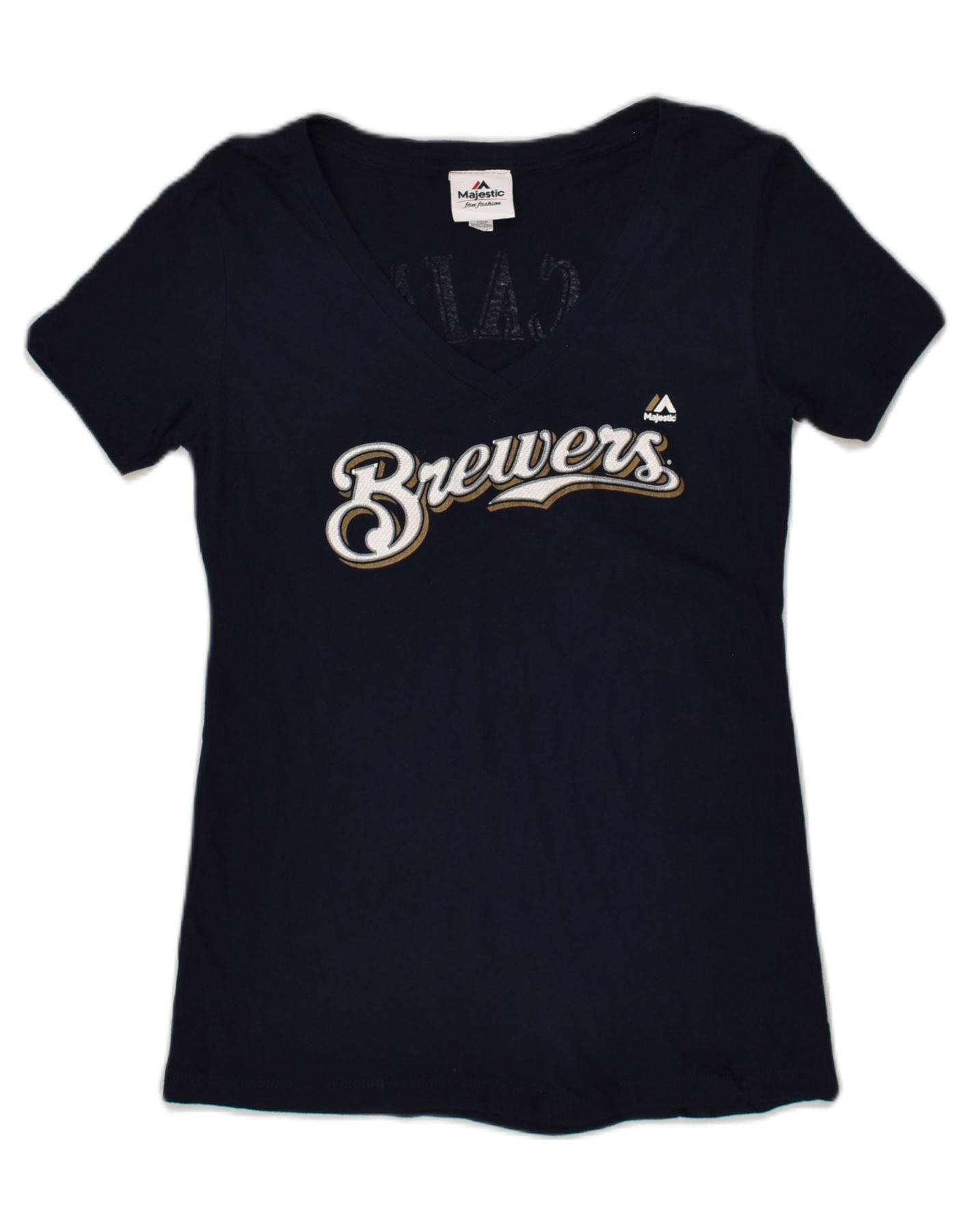 MAJESTIC Womens Graphic T-Shirt Top UK 12 Medium Navy Blue Cotton | Vintage Majestic | Thrift | Second-Hand Majestic | Used Clothing | Messina Hembry