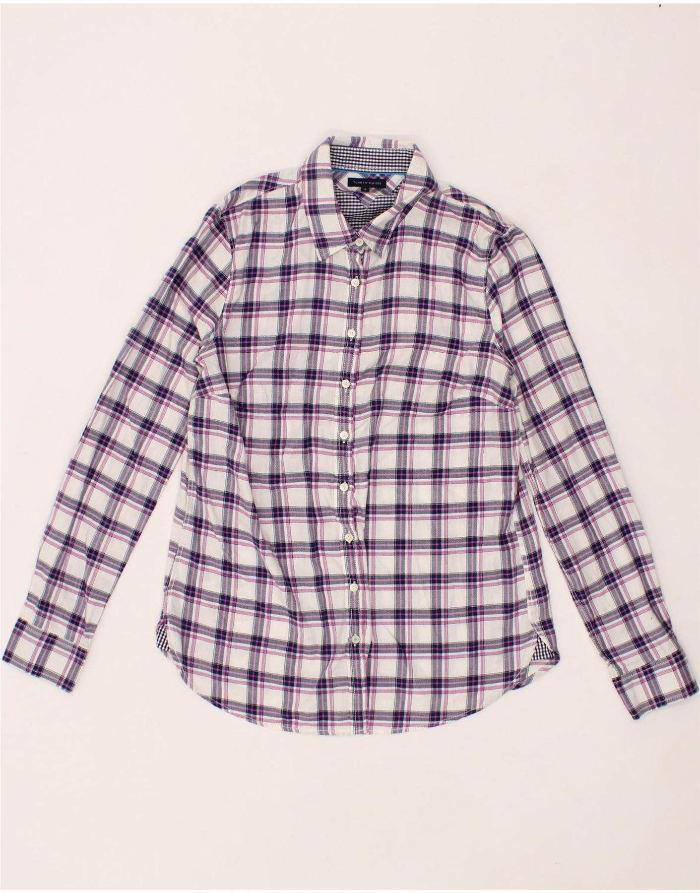 TOMMY HILFIGER Womens Regular Fit Flannel Shirt US 8 Medium Purple Check Vintage Tommy Hilfiger and Second-Hand Tommy Hilfiger from Messina Hembry