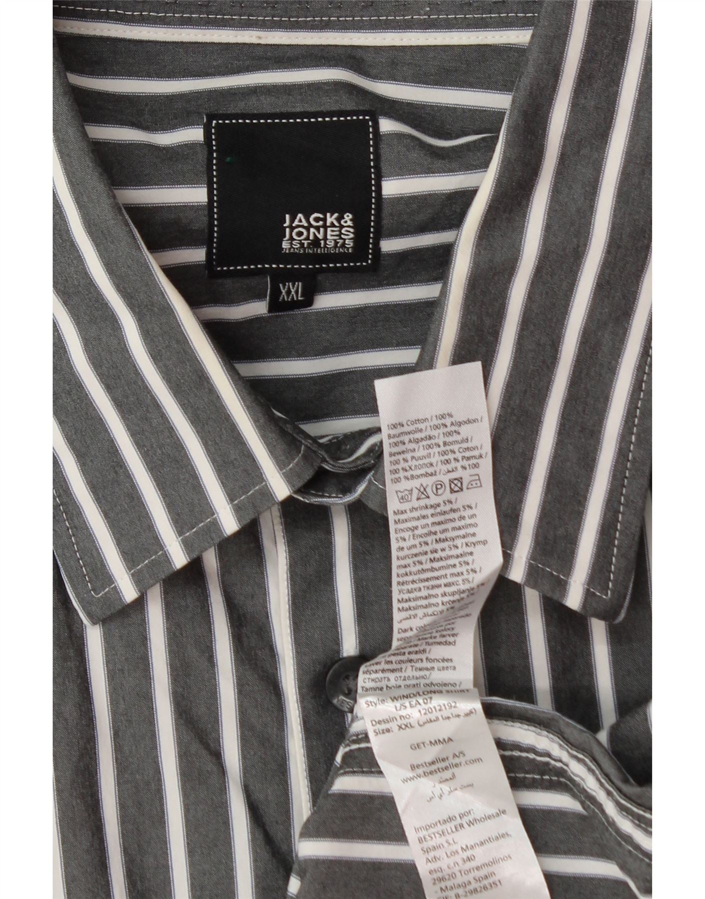 JACK & JONES Mens Military Shirt 2XL Grey Striped Cotton Vintage Jack & Jones and Second-Hand Jack & Jones from Messina Hembry