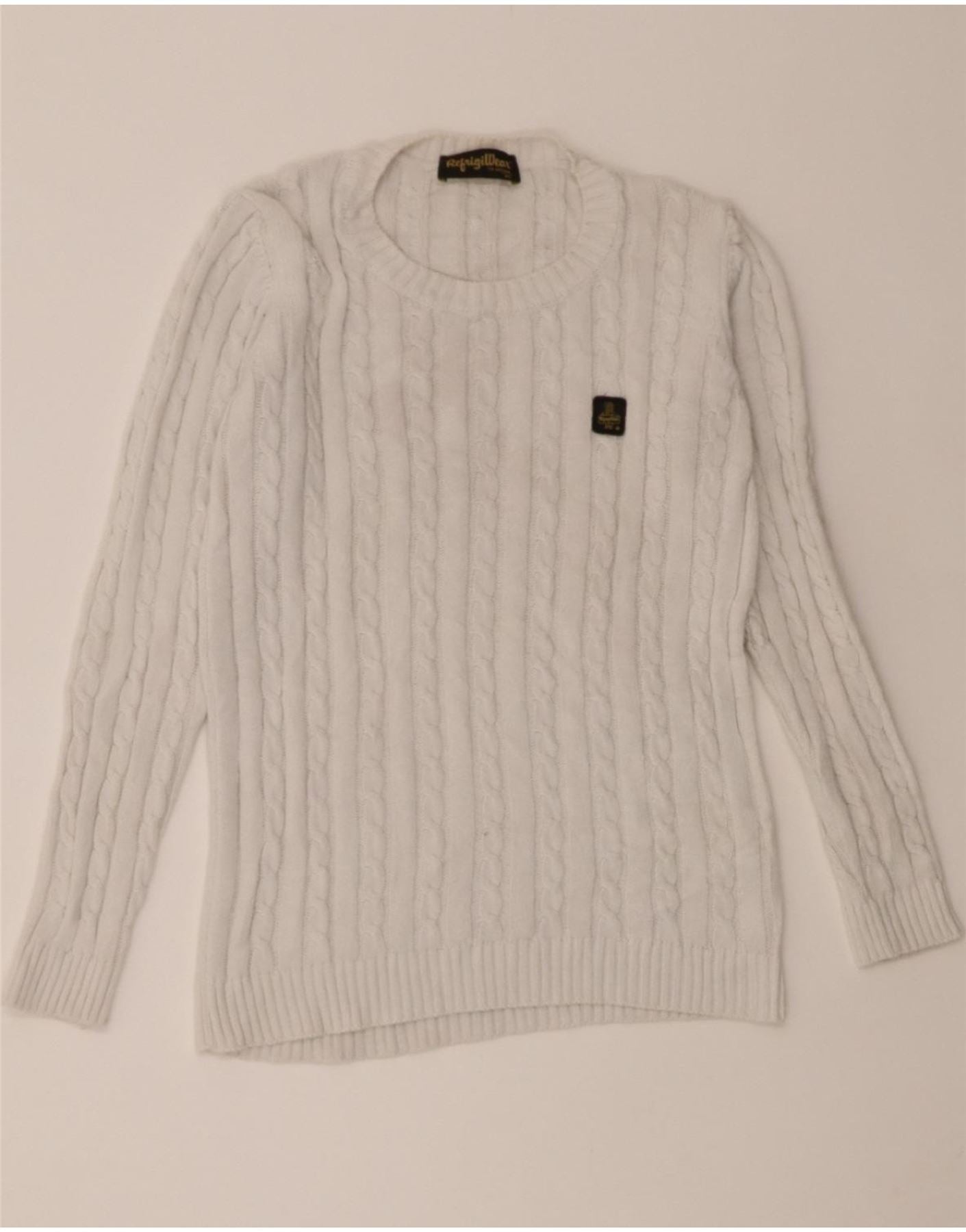 REFRIGIWEAR Womens Crew Neck Jumper Sweater UK 12 Medium White Cotton Vintage Refrigiwear and Second-Hand Refrigiwear from Messina Hembry