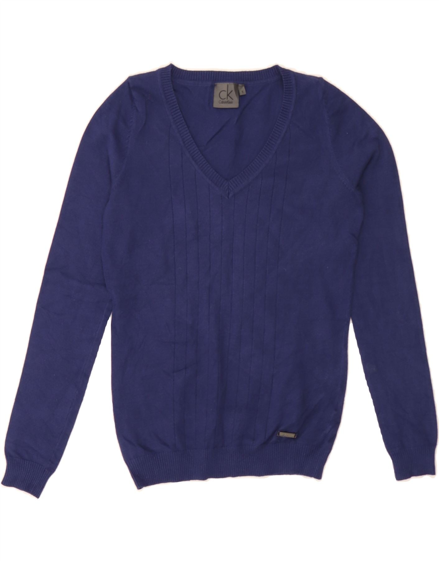 CALVIN KLEIN Womens V-Neck Jumper Sweater UK 8 Small Navy Blue Viscose Vintage Calvin Klein and Second-Hand Calvin Klein from Messina Hembry