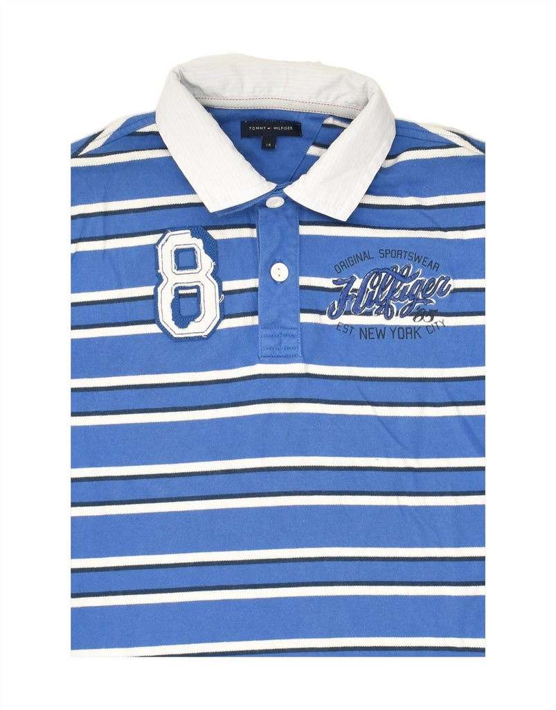 TOMMY HILFIGER Boys Graphic Rugby Polo Shirt 13-14 Years Blue Striped | Vintage Tommy Hilfiger | Thrift | Second-Hand Tommy Hilfiger | Used Clothing | Messina Hembry 