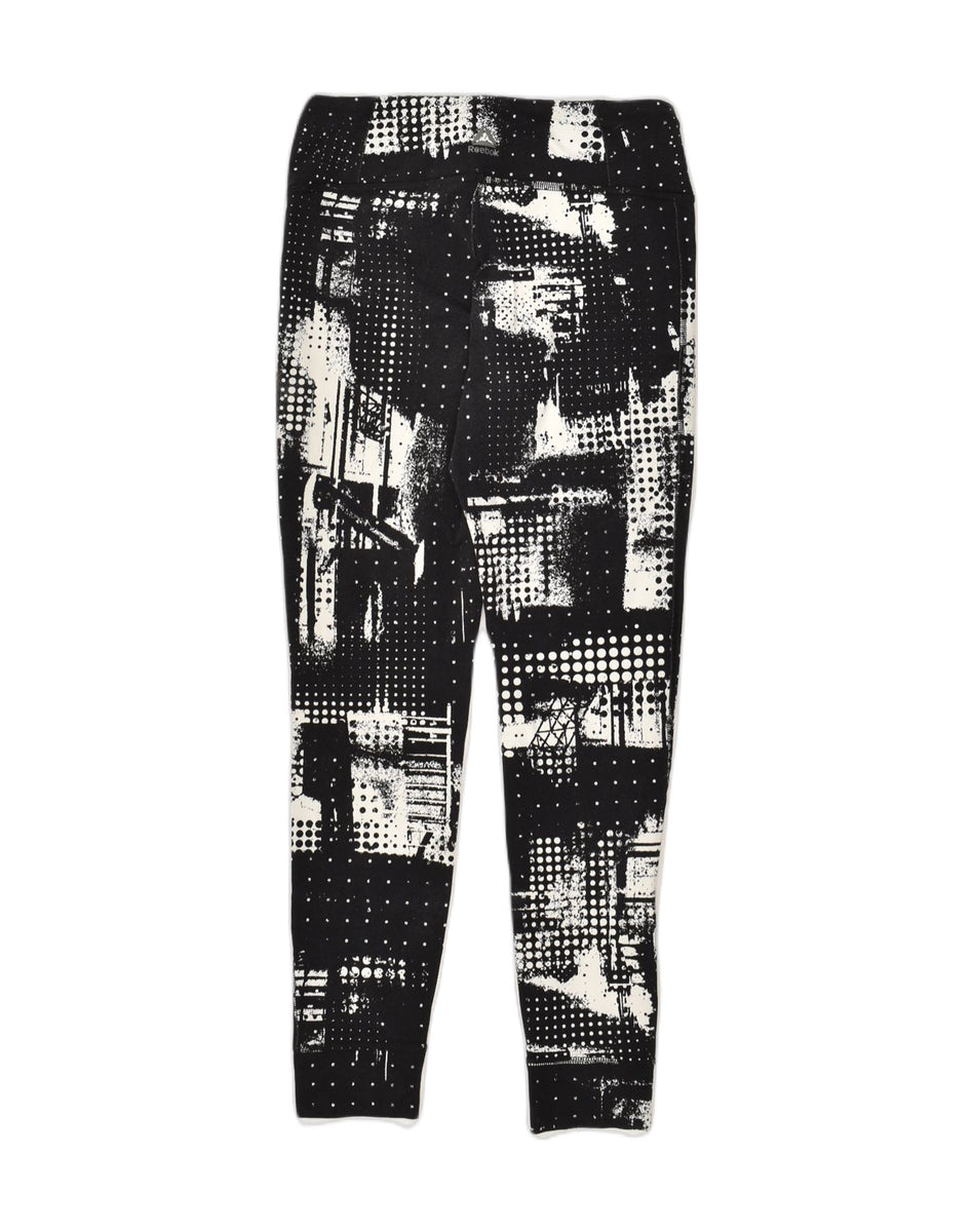 REEBOK Womens Graphic Leggings UK 8-10 Small Black Camouflage Polyester, Vintage & Second-Hand Clothing Online