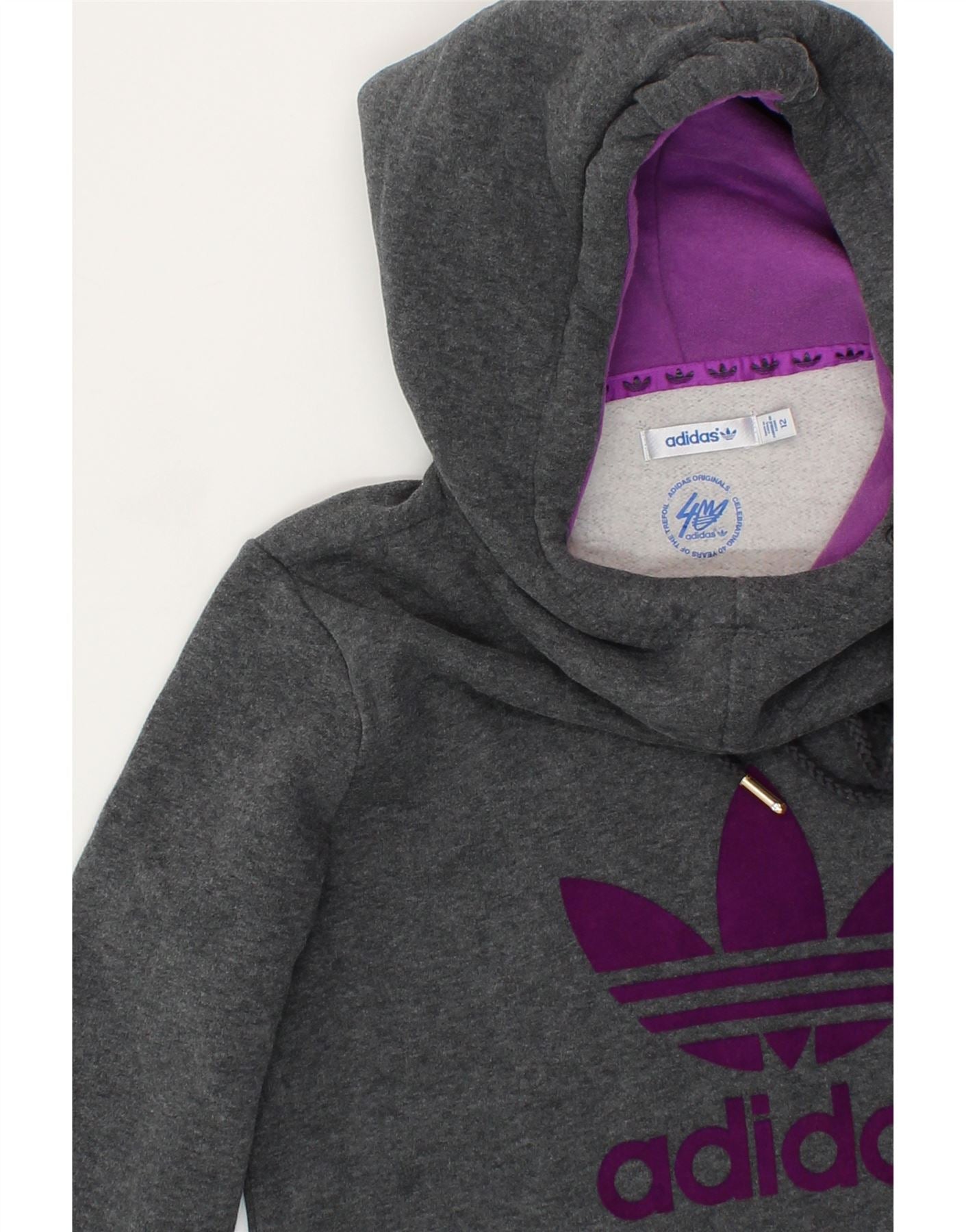 ADIDAS Womens Longline Graphic Hoodie Jumper UK 12 Medium  Grey Cotton Vintage Adidas and Second-Hand Adidas from Messina Hembry