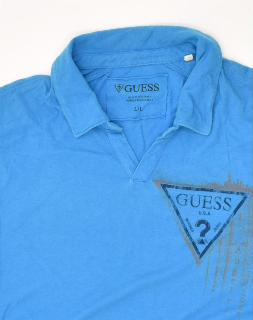 GUESS Mens Graphic Polo Shirt Large Blue Cotton | Vintage Guess | Thrift | Second-Hand Guess | Used Clothing | Messina Hembry 