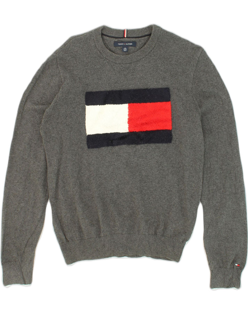 TOMMY HILFIGER Mens Graphic Crew Neck Jumper Sweater XS Grey Cotton | Vintage Tommy Hilfiger | Thrift | Second-Hand Tommy Hilfiger | Used Clothing | Messina Hembry 