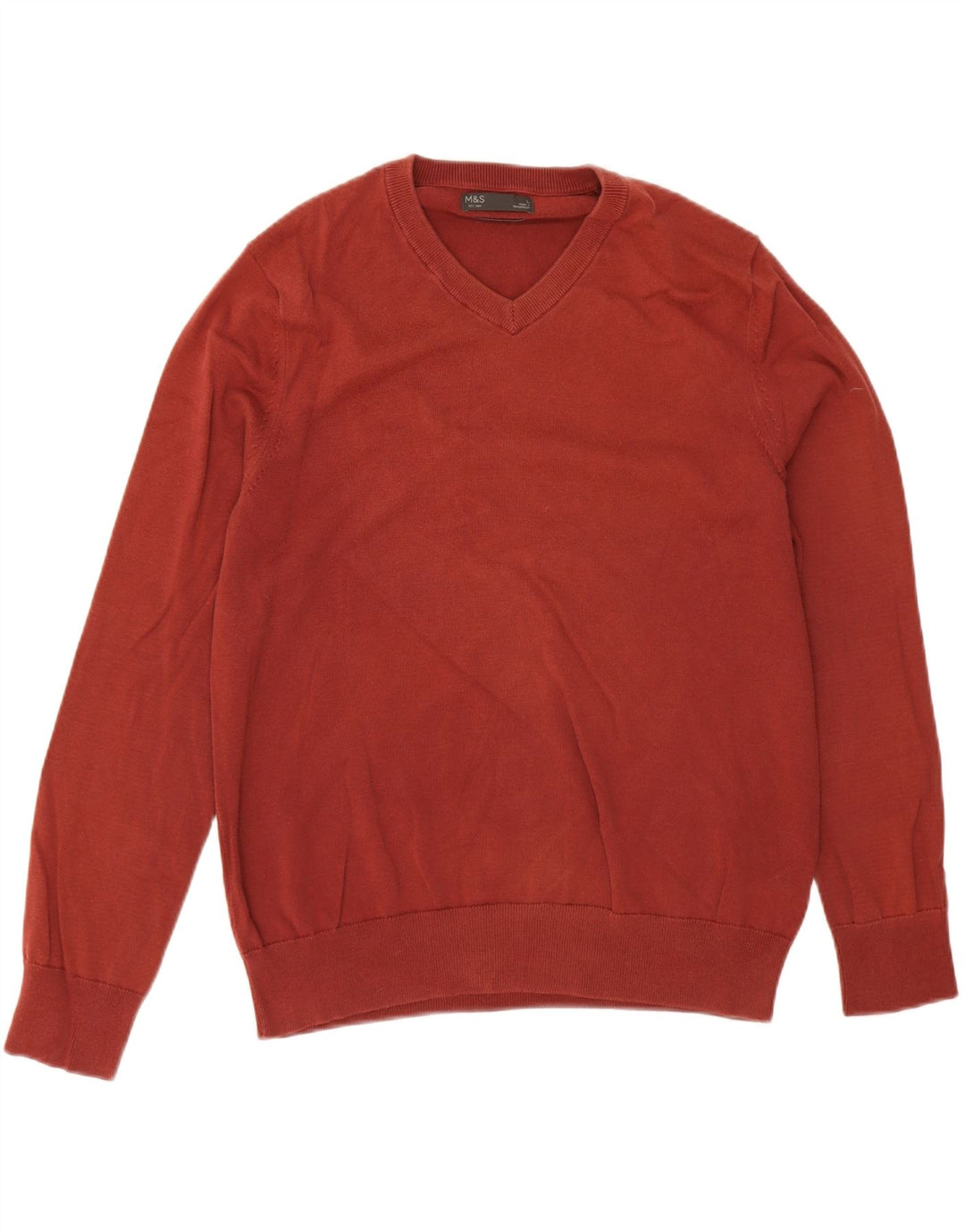 Marks & Spencer Mens V-Neck Jumper Sweater Large Maroon Cotton