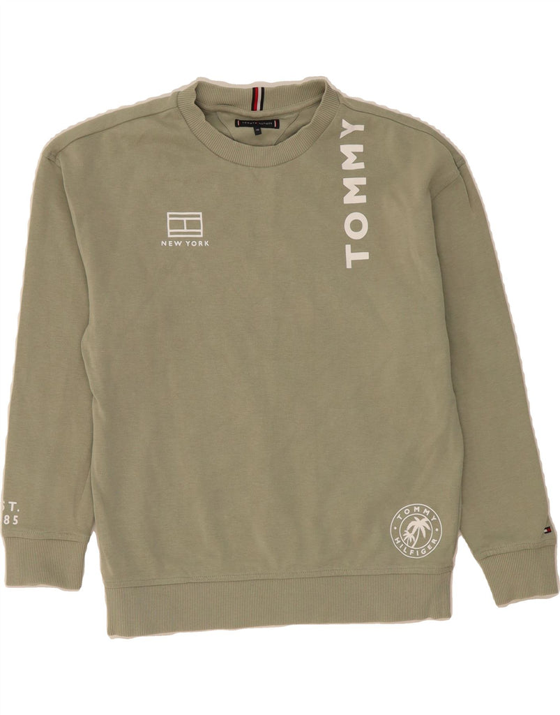 TOMMY HILFIGER Boys Graphic Sweatshirt Jumper 11-12 Years Khaki Cotton Vintage Tommy Hilfiger and Second-Hand Tommy Hilfiger from Messina Hembry 