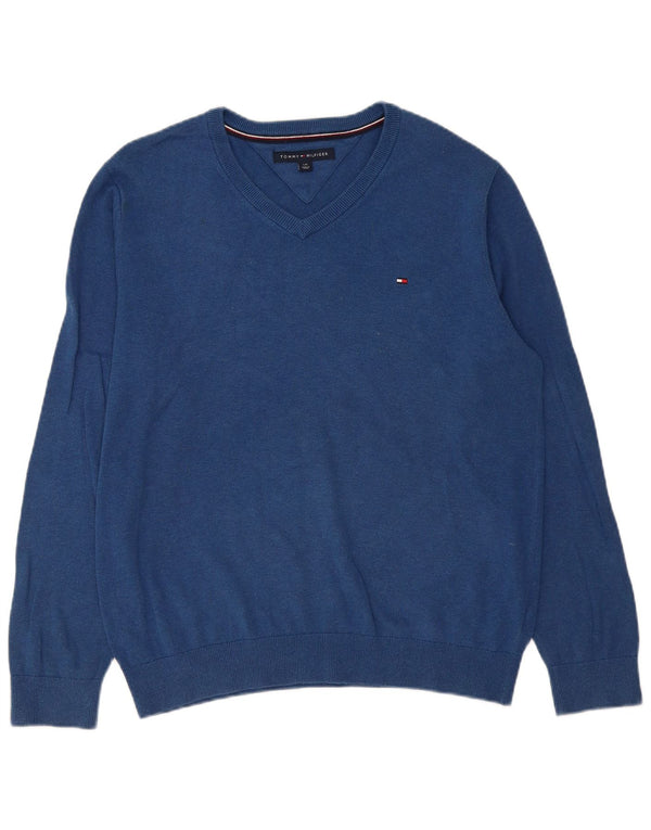 Tommy Hilfiger Mens V-Neck Jumper Sweater Large Blue Cotton
