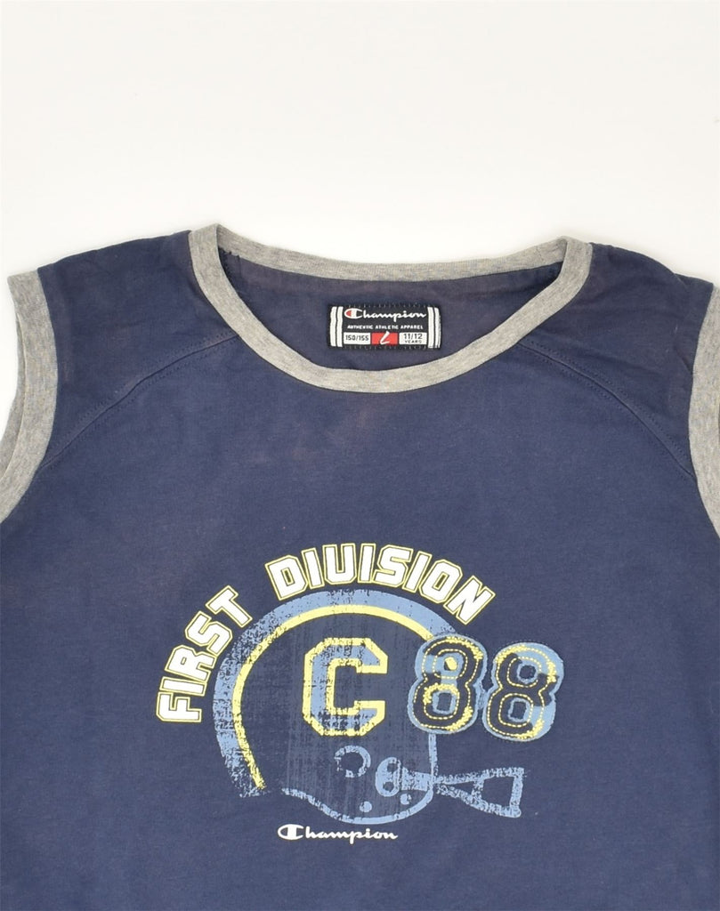 CHAMPION Boys Graphic Vest Top 11-12 Years Large Navy Blue Cotton | Vintage Champion | Thrift | Second-Hand Champion | Used Clothing | Messina Hembry 