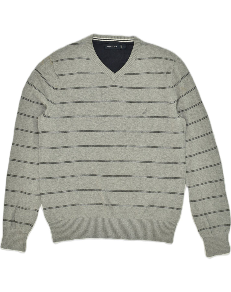 NAUTICA Mens V-Neck Jumper Sweater Small Grey Striped Cotton | Vintage Nautica | Thrift | Second-Hand Nautica | Used Clothing | Messina Hembry 