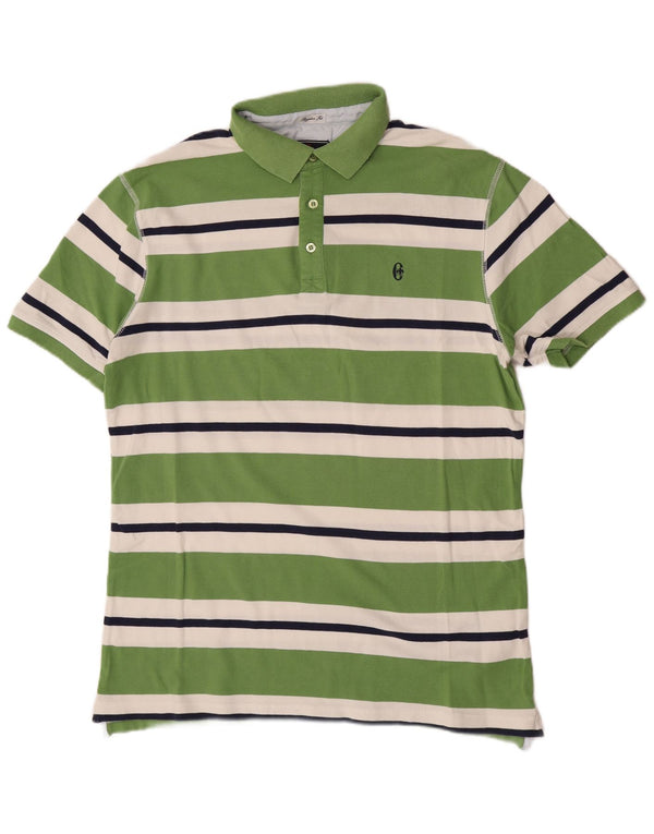 Conte of Florence Mens Regular Fit Polo Shirt Medium Green Striped Cotton