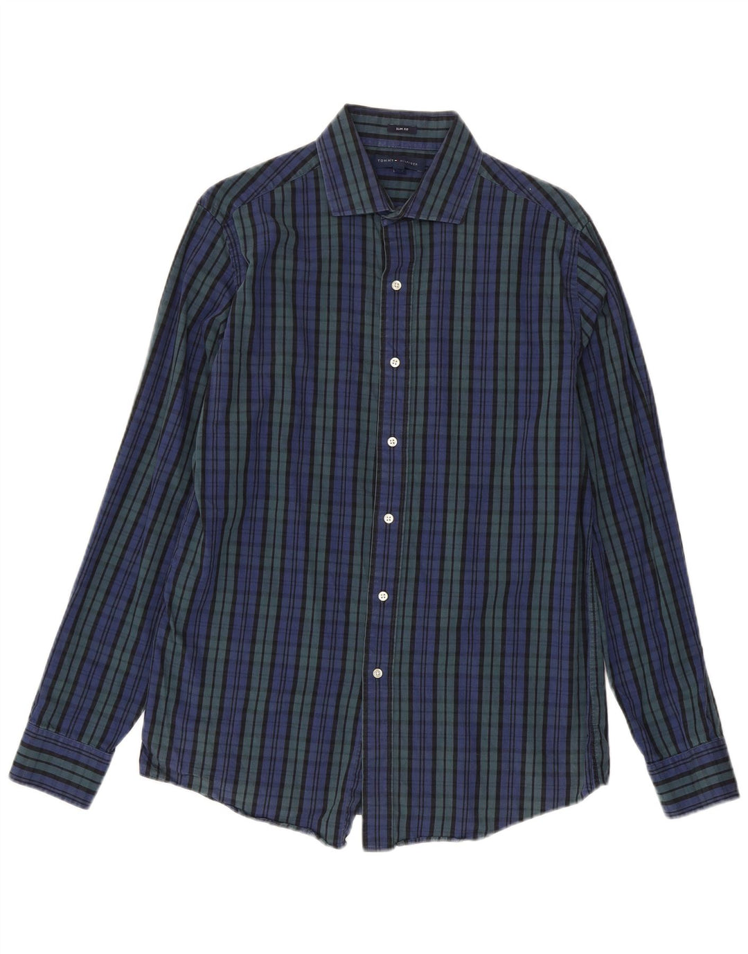 Tommy Hilfiger Mens Slim Fit Shirt Size 15 1/2 Medium Blue Check Cotton