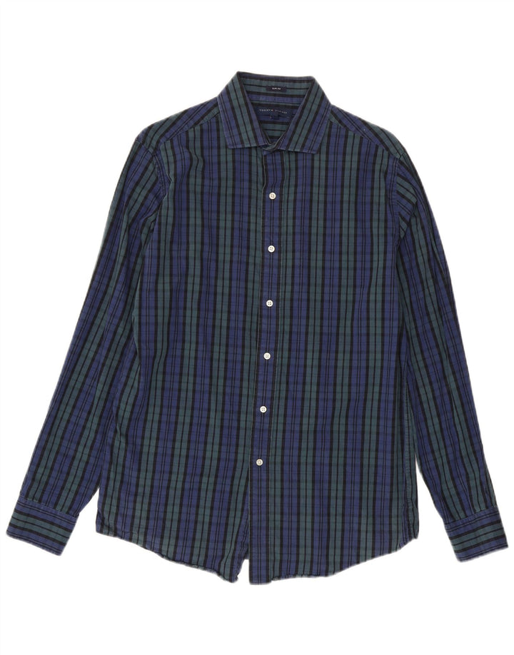 Tommy Hilfiger Mens Slim Fit Shirt Size 15 1/2 Medium Blue Check Cotton