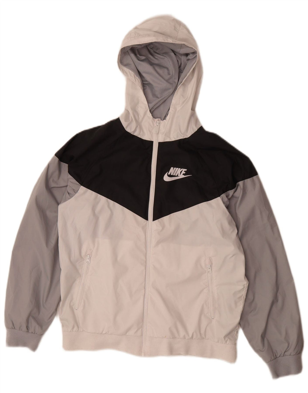 Nike Boys Hooded Rain Jacket 12-13 Years Large White Colourblock Polyester