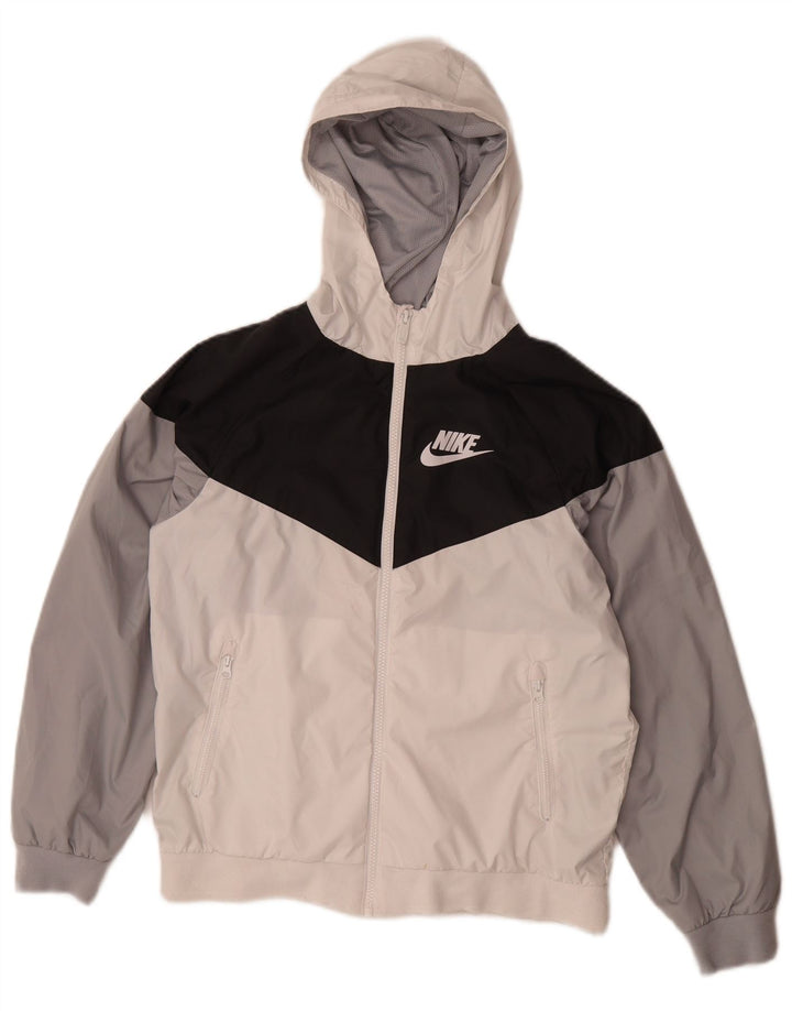 Nike Boys Hooded Rain Jacket 12-13 Years Large White Colourblock Polyester