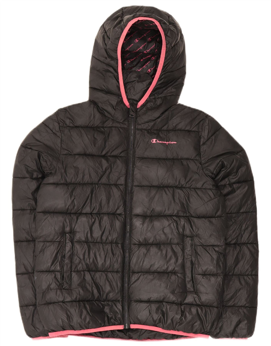 Champion Girls Hooded Padded Jacket 13-14 Years XL Black Polyester