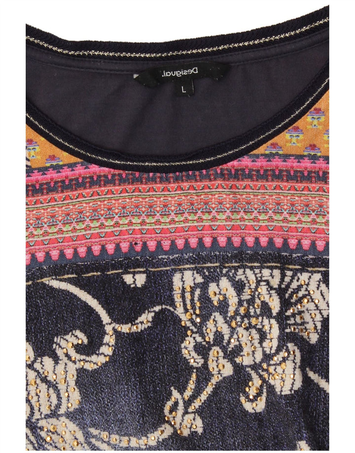 DESIGUAL Womens Graphic Top 3/4 Sleeve UK 14 Large Grey Floral