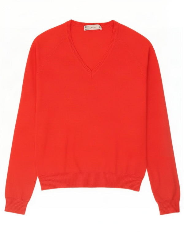 Zara Womens V-Neck Jumper Sweater UK 14 Large Red Cotton
