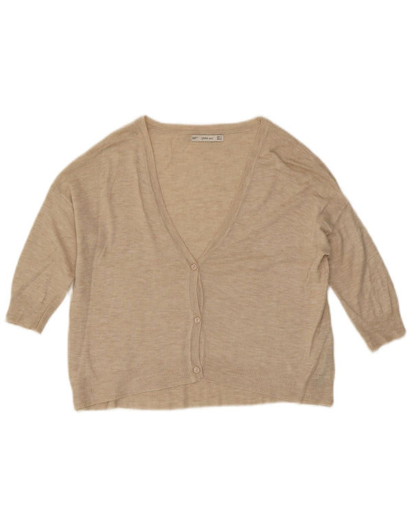 Zara Womens Crop 3/4 Sleeve Cardigan Sweater UK 10 Small Beige Flecked