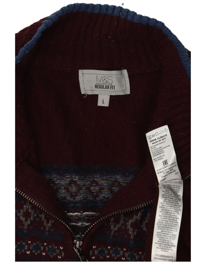 Marks & Spencer Mens Zip Neck Jumper Sweater Large Burgundy Fair Isle