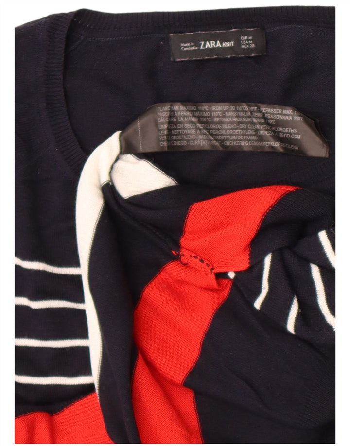 Zara Womens Crew Neck Jumper Sweater UK 14 Medium Navy Blue Striped