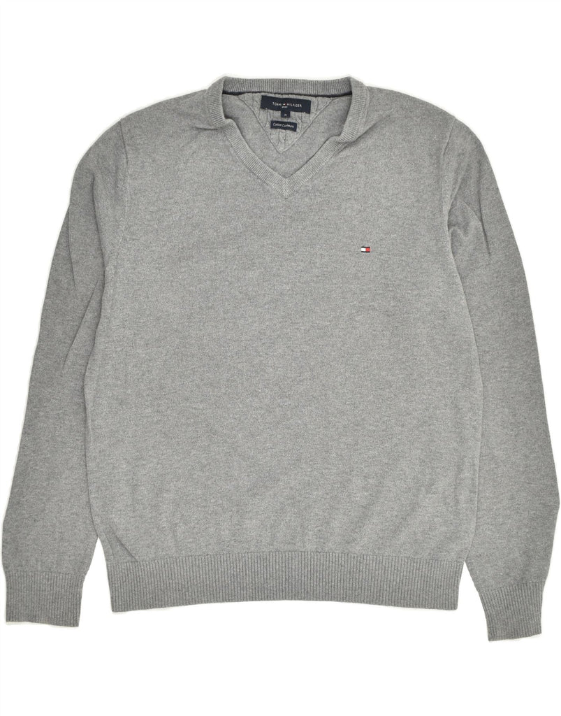 TOMMY HILFIGER Mens V-Neck Jumper Sweater Medium Grey Cotton | Vintage Tommy Hilfiger | Thrift | Second-Hand Tommy Hilfiger | Used Clothing | Messina Hembry 