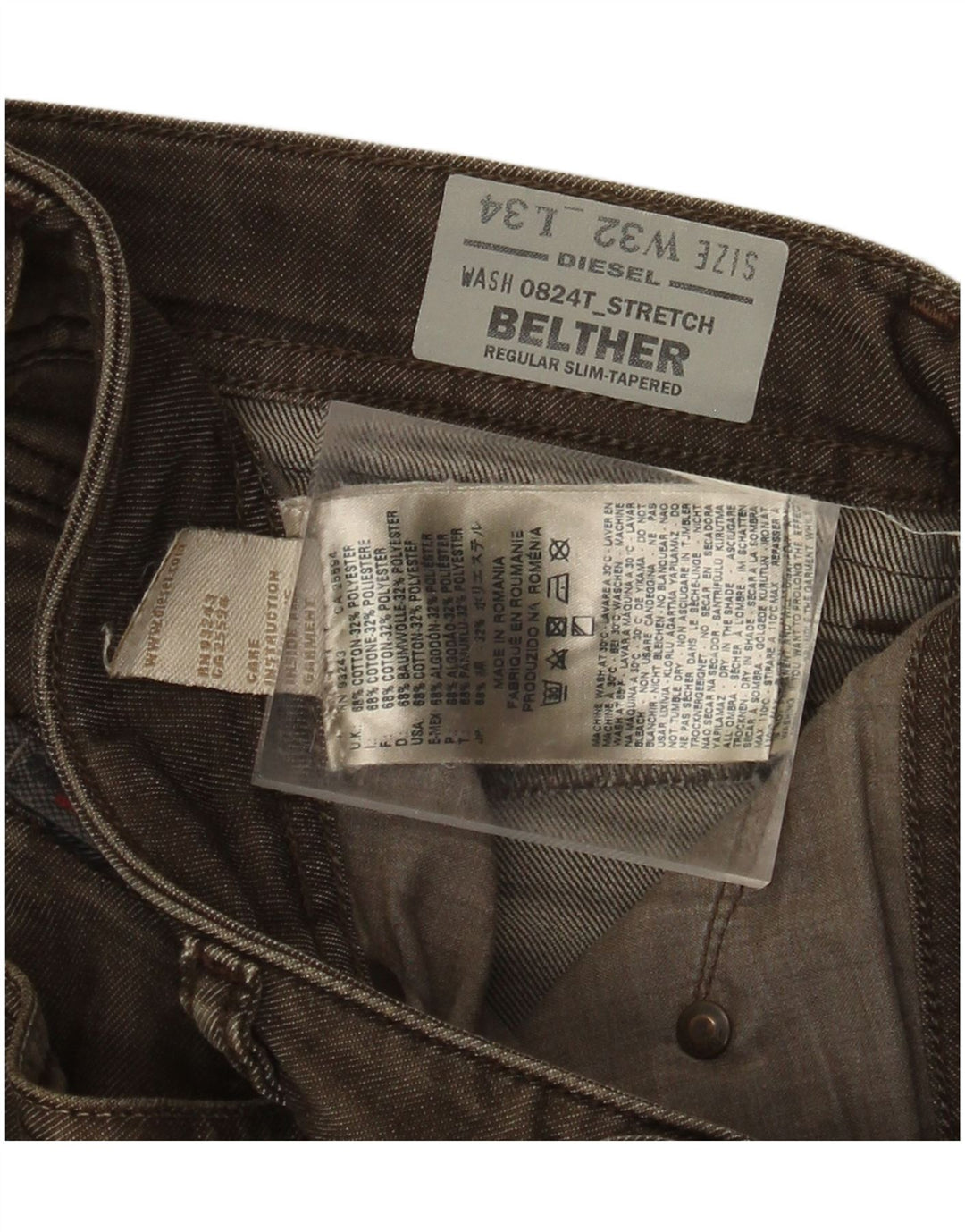 Diesel Mens Belther Tapered Regular Fit Slim Jeans W32 L34 Khaki Cotton