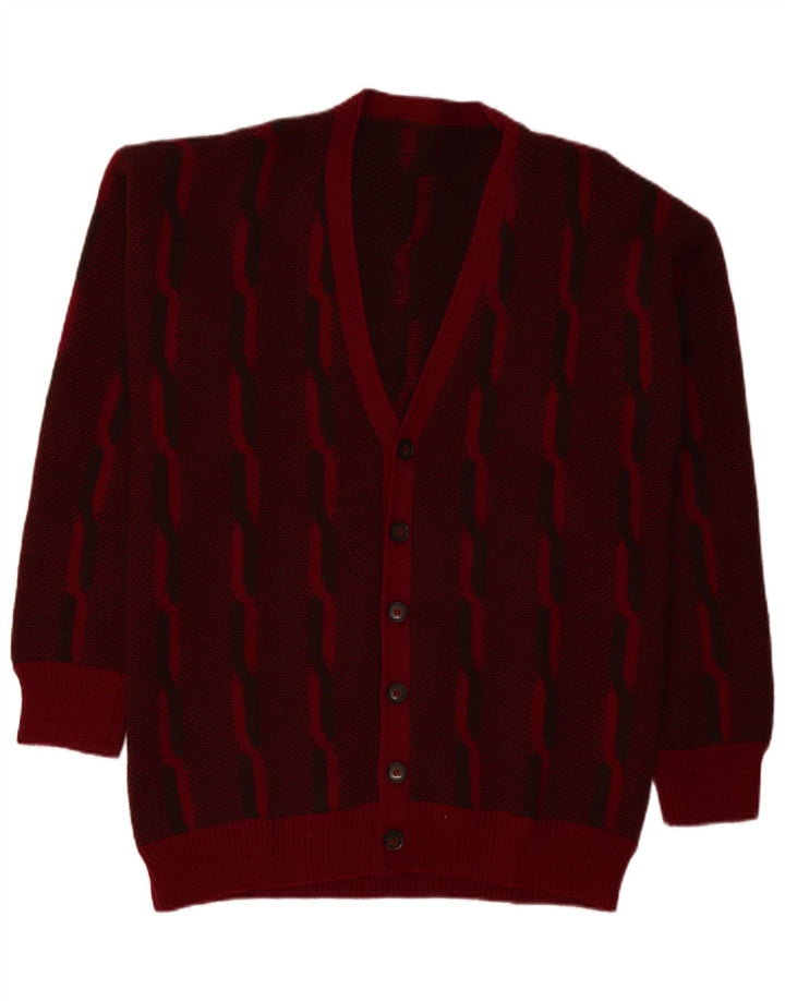 VINTAGE Mens Cardigan Sweater Large Burgundy Striped