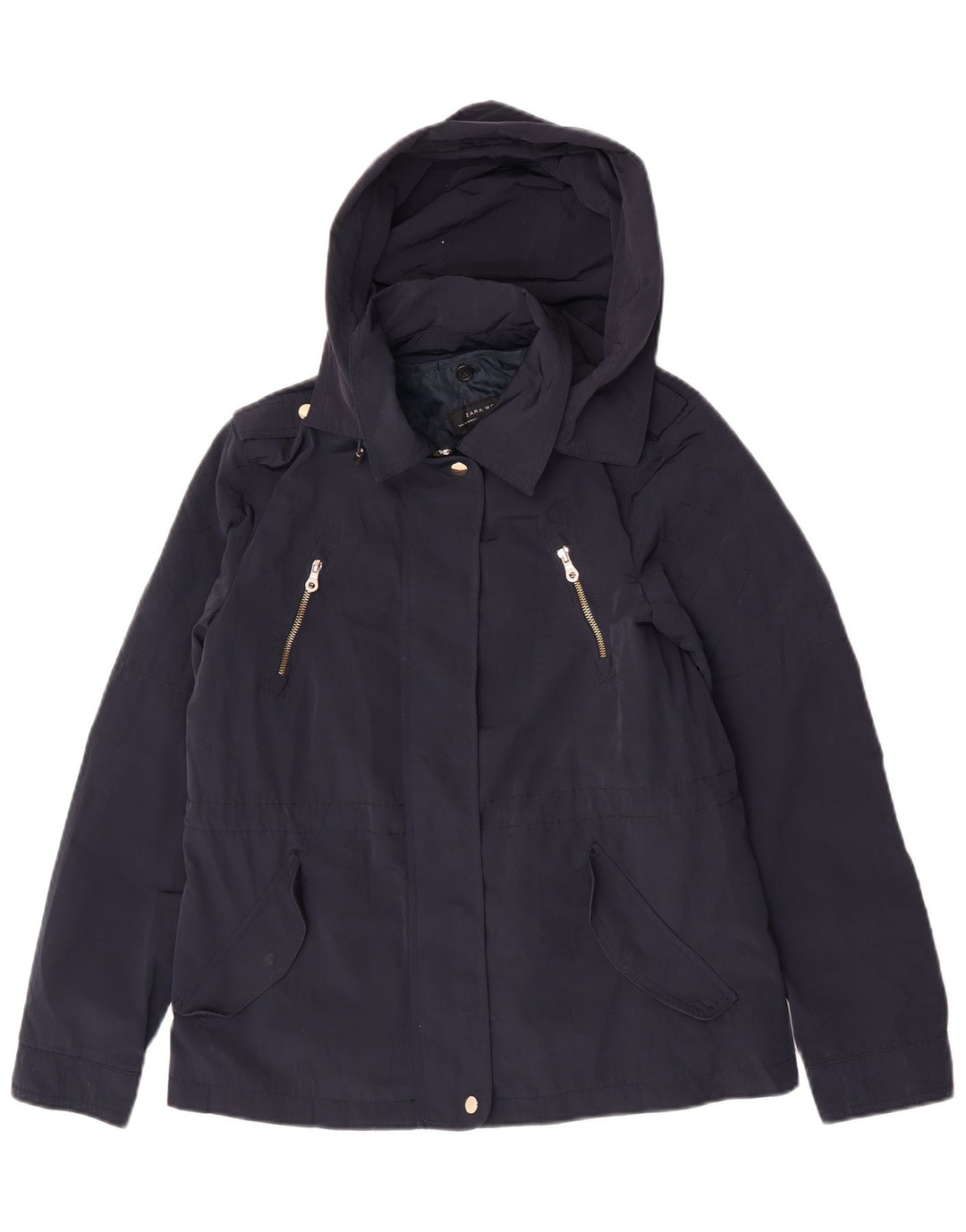 Zara Womens Hooded Military Bomber Jacket UK 14 Medium Navy Blue Polyester