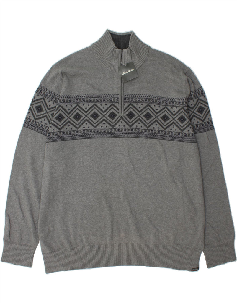 EDDIE BAUER Mens Zip Neck Jumper Sweater 2XL Grey Fair Isle Cotton Vintage Eddie Bauer and Second-Hand Eddie Bauer from Messina Hembry 
