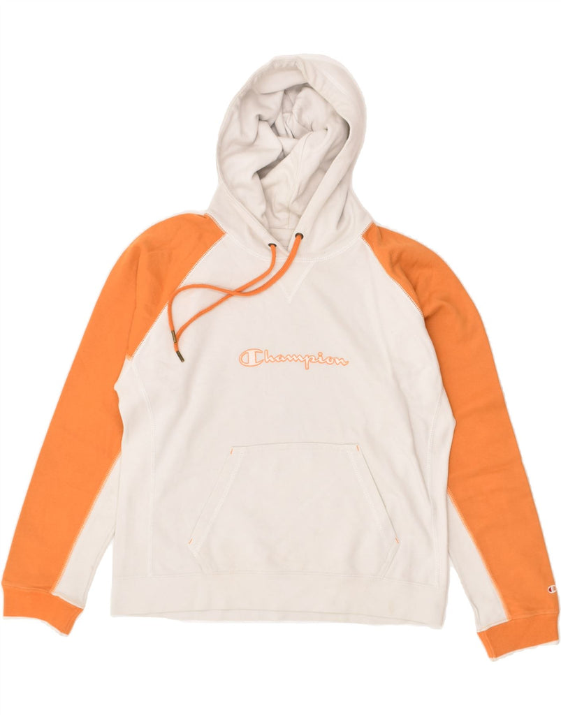 CHAMPION Womens Graphic Hoodie Jumper UK 14 Medium Orange Colourblock | Vintage Champion | Thrift | Second-Hand Champion | Used Clothing | Messina Hembry 