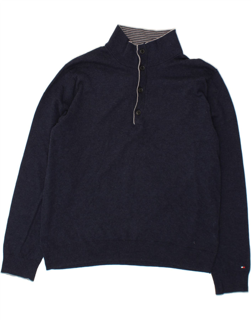 TOMMY HILFIGER Mens Button Neck Jumper Sweater Large Navy Blue Cotton Vintage Tommy Hilfiger and Second-Hand Tommy Hilfiger from Messina Hembry 