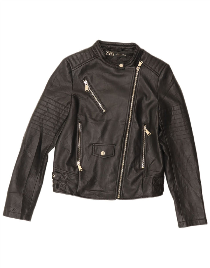 Zara Womens Crop Faux Leather Biker Jacket UK 12 Medium Black Polyethylene