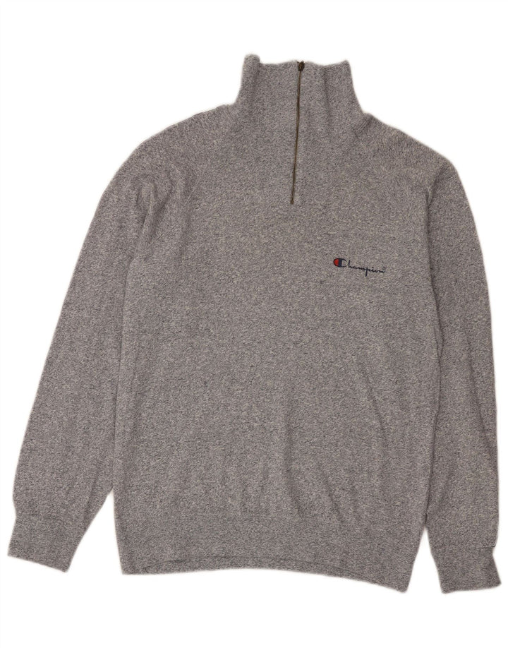 Champion Mens Zip Neck Sweatshirt Jumper Medium Grey Flecked Cotton