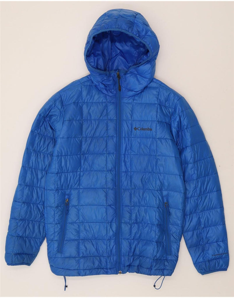 COLUMBIA Mens Hooded Padded Jacket UK 38 Medium Blue Nylon Vintage Columbia and Second-Hand Columbia from Messina Hembry 