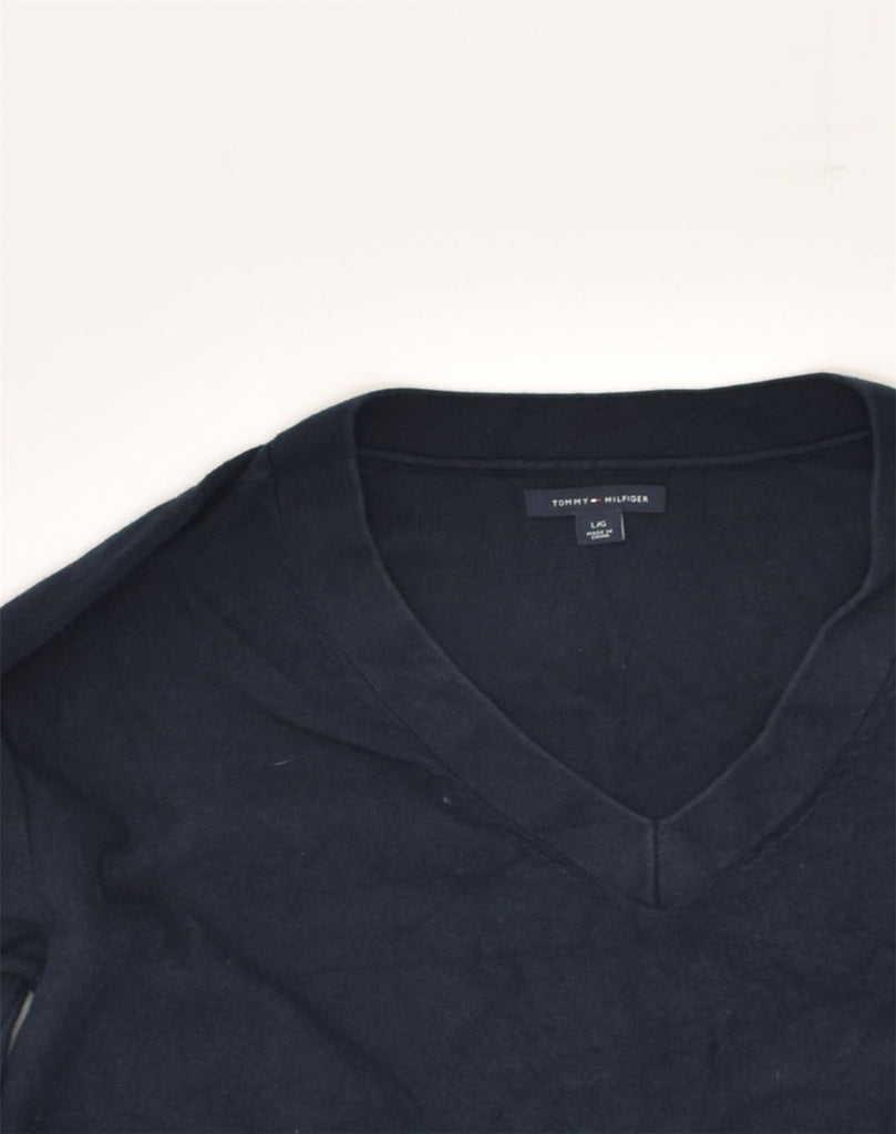 TOMMY HILFIGER Womens V-Neck Jumper Sweater UK 14 Large Navy Blue Cotton | Vintage Tommy Hilfiger | Thrift | Second-Hand Tommy Hilfiger | Used Clothing | Messina Hembry 