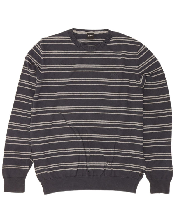 Hugo Boss Mens Crew Neck Jumper Sweater Large Grey Striped Cotton